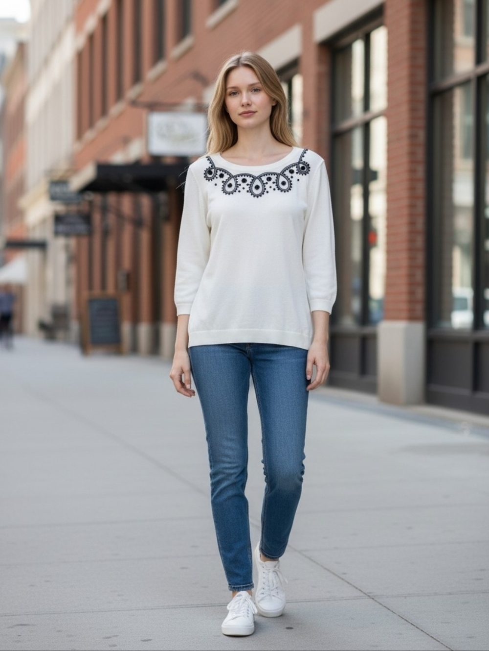 Lands' End Large(14-16) Womens White With Black Knit Pullover Long Sleeve Shirt